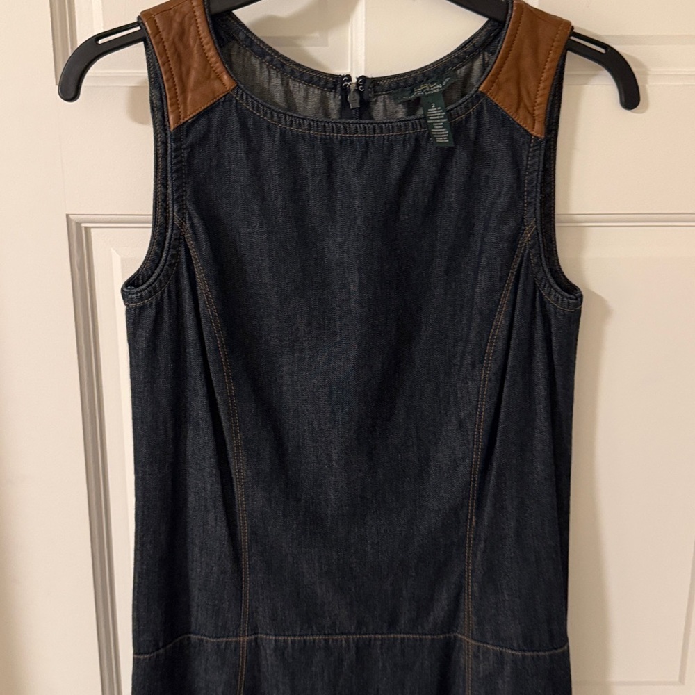 Vintage Lauren Ralph Lauren denim dress leather accents A-line sleeveless Size 2 - Picture 4 of 5